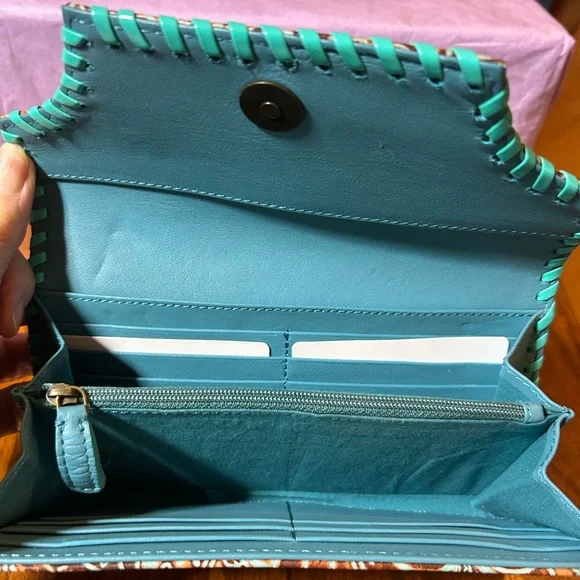 MYRA BAG Brown & Turquoise Floral Embossed Leather Wallet w/Turquoise Snap. NEW! - Picture 4 of 10